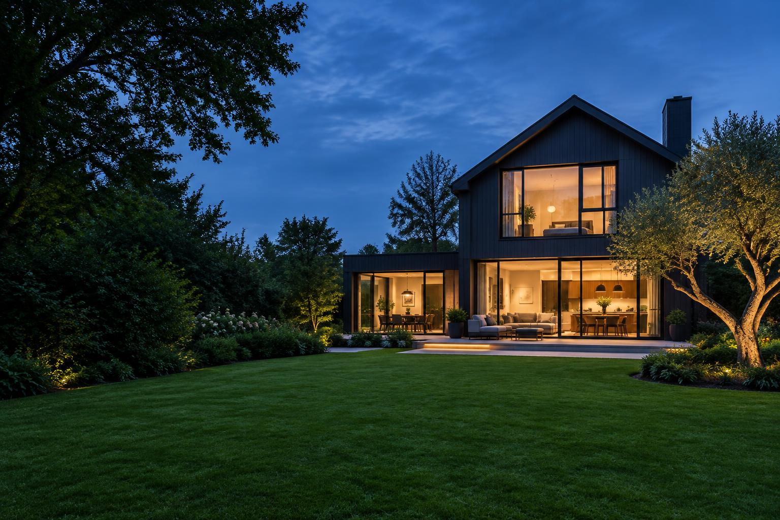 Modern home with warm lights and a lush green garden